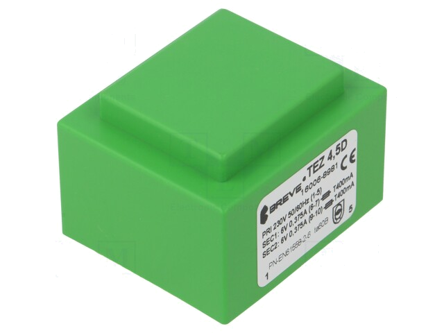 Transformator: ingegoten; 4,5VA; 230VAC; 6V; 6V; 375mA; 375mA; PCB Transformator: ingegoten; 4,5VA; 230VAC; 6V; 6V; 375mA; 375mA; PCB